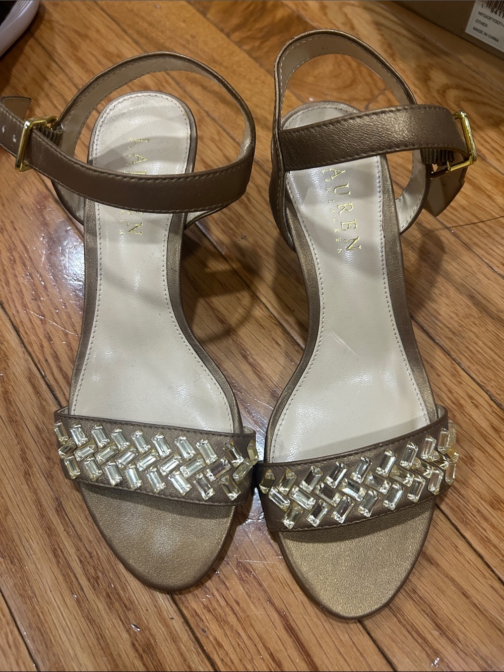 Ralph Lauren Metallic Gold Beaded Ankle-Strap Sandals